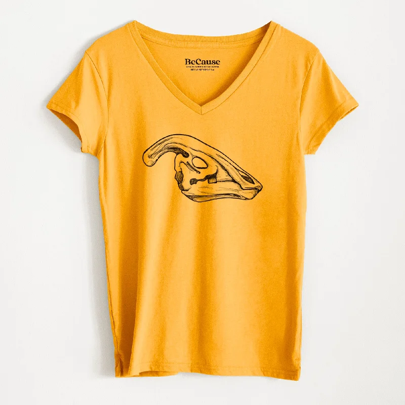 ladies' cold-shoulder top -Parasaurolophus Skull - Women's 100% Recycled V-neck