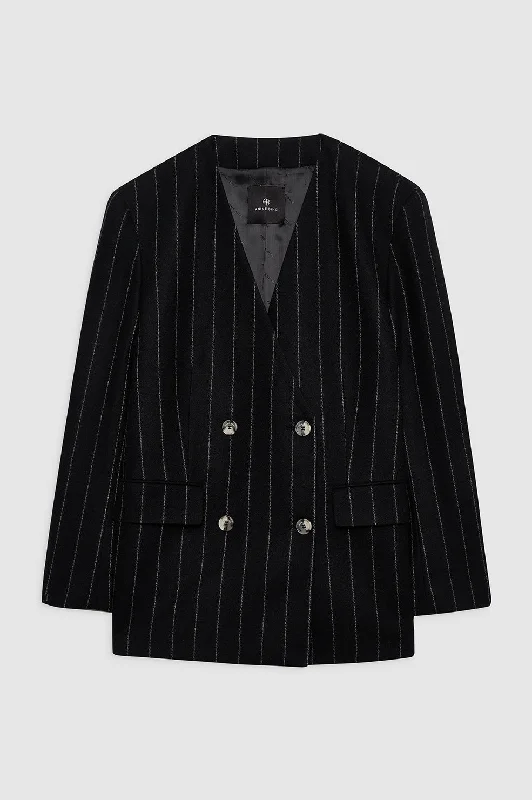 winter-ready faux shearling jacket for women -Maron Blazer - Dark Grey Pinstripe