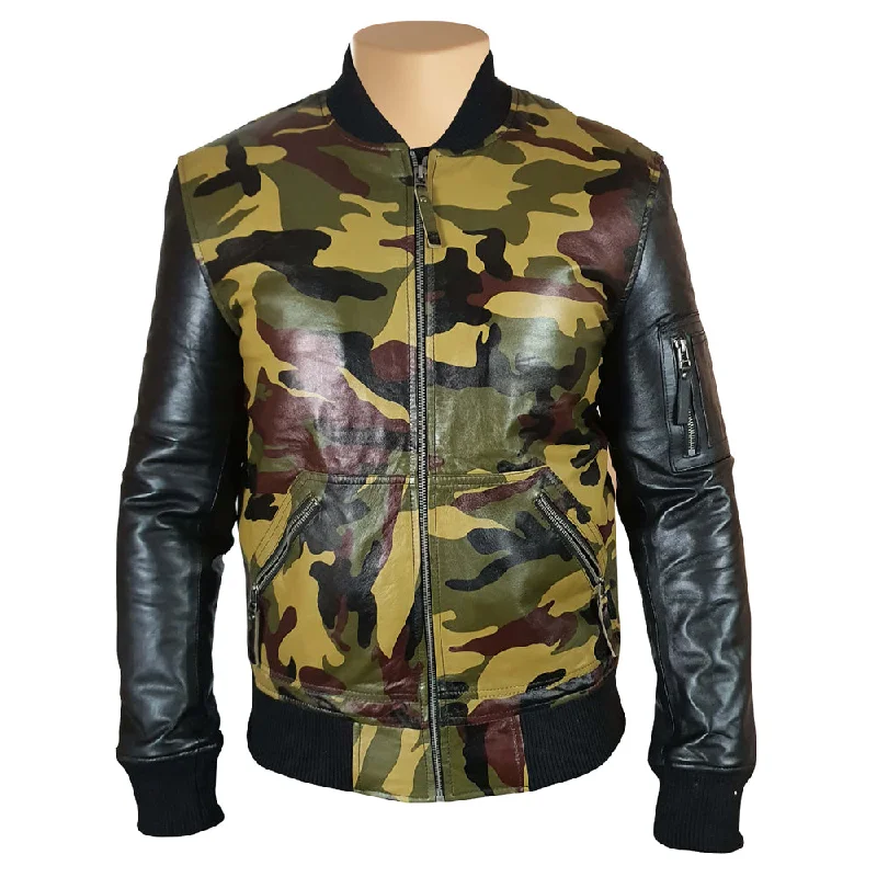 professional work blazer for women -Bomber Camouflage Military print leather jacket with Back sleeves