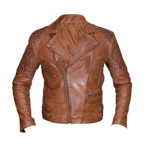 fashionable metallic puffer jacket for women -Distressed sandwash biker leather jacket