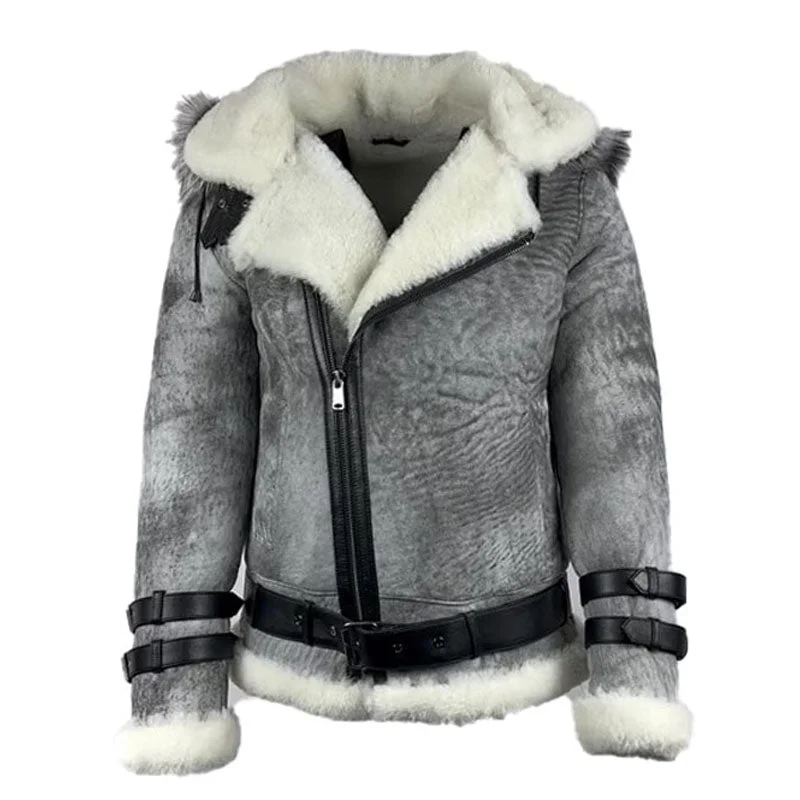 casual coats for women -Rocco Vintage Distressed Grey Aviator bomber shearling jacket with hoodie