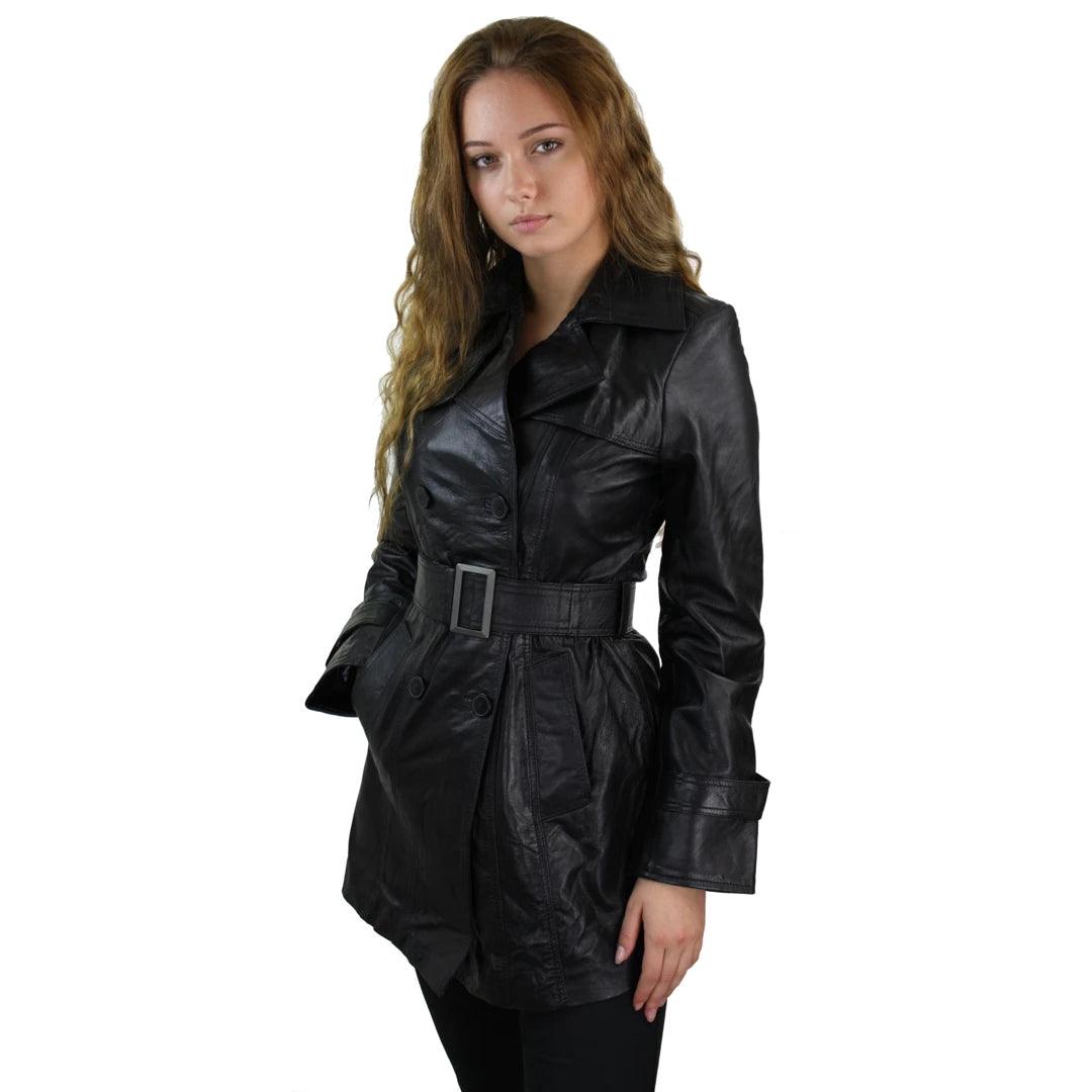 ladies' insulated ski jacket -Women's 100% Real Mid Length Military Blazer Retro Leather Jacket Black