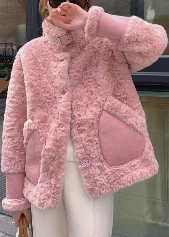 casual coats for women -Women Pink Stand Collar Pockets Faux Fur Winter Coats