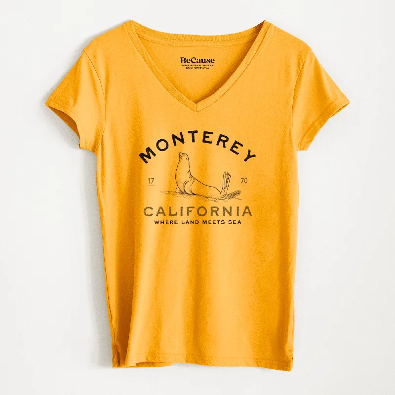 chic asymmetrical top for women -Monterey Sea Lion - Women's 100% Recycled V-neck