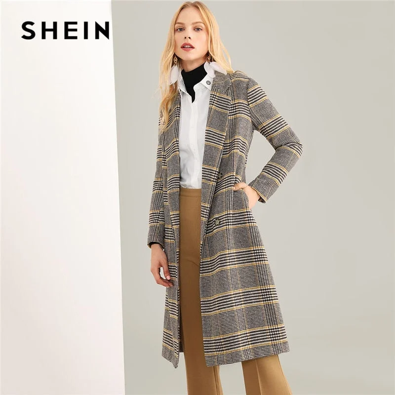 women's travel-friendly jacket -Multicolor Notched Neck Plaid Coat Highstreet Long Sleeve Outerwear