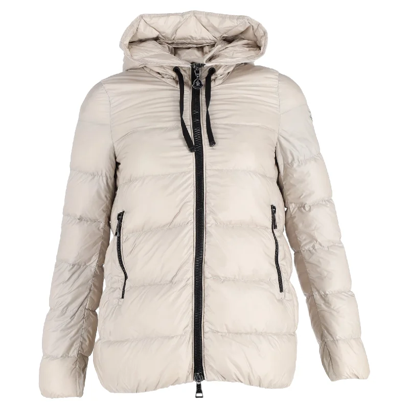 casual zip-up hoodie jacket for women -Moncler Quilted Zipped Down Jacket in Beige Polyamide