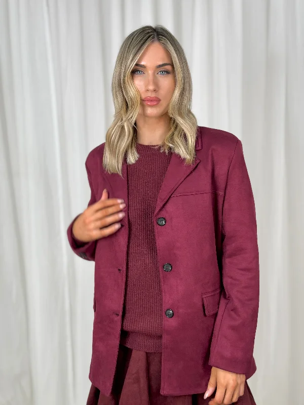 waterproof hiking jacket for women -Caitlyn Triple Button Faux Suede Blazer In Wine