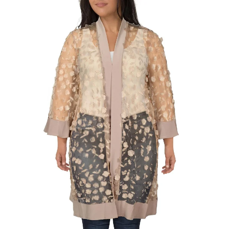 double-layered long coat for women -R&M Richards Womens Plus Applique Cardigan Open-Front Blazer