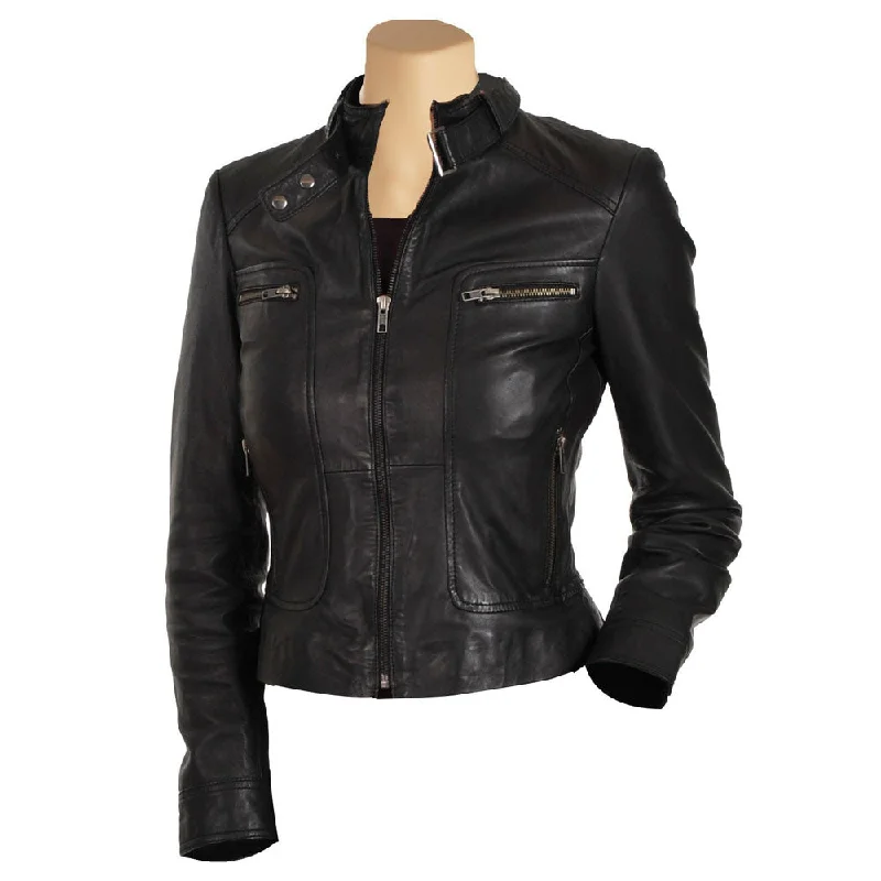 cropped wool blazer for women -Womens Black Leather Jacket With Collar Belt