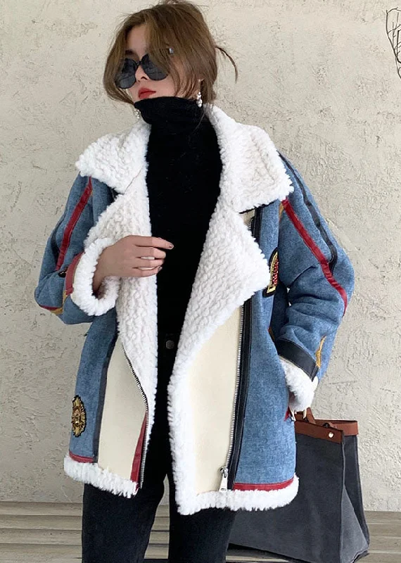 women's relaxed fit blazer -French Blue Zip Up denim Patchwork Faux Fur Winter Coat